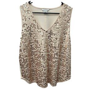 Joan Vass Womens Rose Beige Sequin Sleeveless V-Neck Top Sz 1X